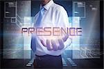 Businessman presenting the word presence against hologram on black background with squares