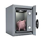 Piggy bank in an open metal safe. Piggy illuminated lamp. Isolated render on a white background
