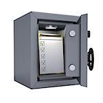 Checklist in an open metal safe. Checklist illuminated lamp. Isolated render on a white background