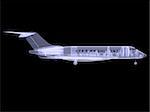 Small commercial plane with internal equipment. X-ray image. Isolated render on a black background