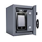 Smartphone in an open metal safe. Smartphone illuminated lamp. Isolated render on a white background