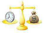 Time money balance scales concept illustration with a clock on one side and A sack of money with a dollar sign  on the other