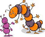 Cartoon Illustration of Ant and Caterpillar or Millipede Insects Characters