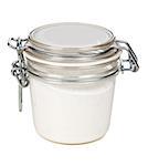 jar of cream with a steel lock on a white background