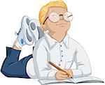 Vector illustration of a smart blond boy writing in a notebook.