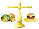 Healthy eating diet decision concept of healthy vegetables on one side of scales and a burger junk food on the other. Could also be for the importance of a balanced diet.