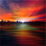 abstract red sunset background with silhouette of city and clouds