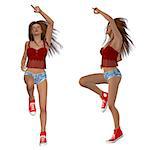 Digital render of a beautiful brunette girl in red top dancing.