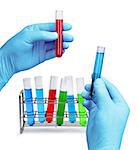 Hands hold laboratory test equipment glass tubes
