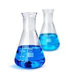 Two labotatory test glass containers with blue liquid test samples