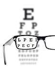Sight test seen through eye glasses, white background isolated
