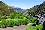 Green forests and mountains and valleys, the beauty of the tourist areas at the Pyrenees in Andorra