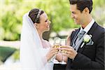 Romantic newlywed couple toasting champagne in park