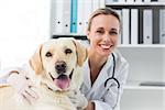 Portrait of confident female veterinarian with dog in clinic