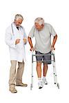 Doctor with senior man using walker over white background