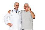 Portrait of a doctor with senior man gesturing thumbs up over white background