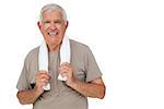 Portrait of a senior man with towel standing over white background