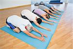 Fitness group bowing in row at the yoga class