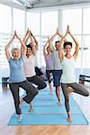 Portrait of a smiling trainer with class standing in tree pose at yoga class