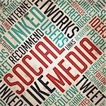 Social Media in Red and Blue Color. Vintage Wordcloud Concept.