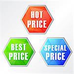hot, best, special price, three colors hexagons labels, flat design, business shopping concept