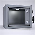 Opened metal safe. Render on a gray background