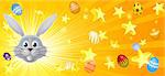 Easter banner background banner of stars and decorated Easter eggs flying out and happy white Easter bunny