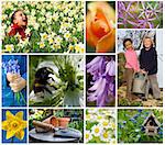 Montage of mixed race children, girl & boy playing enjoying a healthy spring garden holding a watering can together, laughing among beautiful flowers, daffodils, bluebells, roses, daisies.
