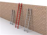 Three ladders are leaning against a wall, but one is bigger