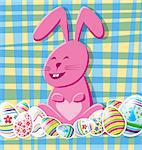 Vector Easter card with eggs of different color, rabbit