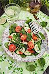 Healthy fresh salad with spinach, tomato, cucumber and pine nuts, top view
