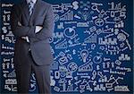 Man in suit and business plan. Business sketches on blue background