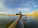 senior male paddler enjoys workout in a racing kayak in sunset light on a calm lake in Colorado