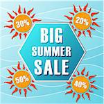 big summer sale text in blue hexagon and 20, 30, 40, 50 percentages off in orange suns, flat design label, business seasonal shopping concept banner