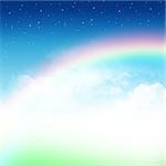 Cloudy blue sky with rainbow and stars abstract background