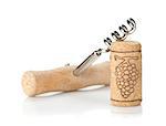 Cork and corkscrew. Isolated on white background