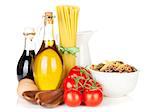 Pasta and ingredients. Isolated on white background