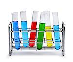 Labotatory test tube rack with colorful liquid samples