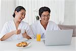 Happy couple using laptop over breakfast at home in the living room