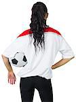 Football fan in white holding ball on white background