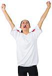 Football fan in white cheering on white background