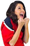 Cheering football fan in red on white background