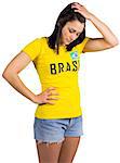 Upset football fan in brasil tshirt on white background