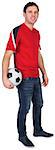 Football fan in red holding ball on white background