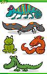 Cartoon Illustration of Funny Reptiles and Amphibians Set