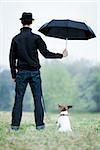 friendship between dog and owner standing in the rain with umbrella, dog looking up