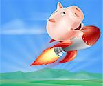 An illustration of a piggy bank on top of a rocket flying through the air over a landscape