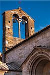 Close-up of Bell Tower, San Quirico d'Orcia, Val d'Orcia, Province of Siena, Tuscany, Italy