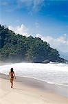 South America, Brazil, Green Coast (Costa Verde), Sao Paulo, Ubatuba, view of a model walking along Felix beach, with a spur of unesco-protected South-East Reserves Atlantic Forest stretching down to the sand in the distance (MR)