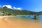 South America, Brazil, Green Coast (Costa Verde), Rio de Janeiro, Ilha Grande state park, View of Abraao beach and South-East Reserves Atlantic Forest stretching down to the sea on Ilha Grande